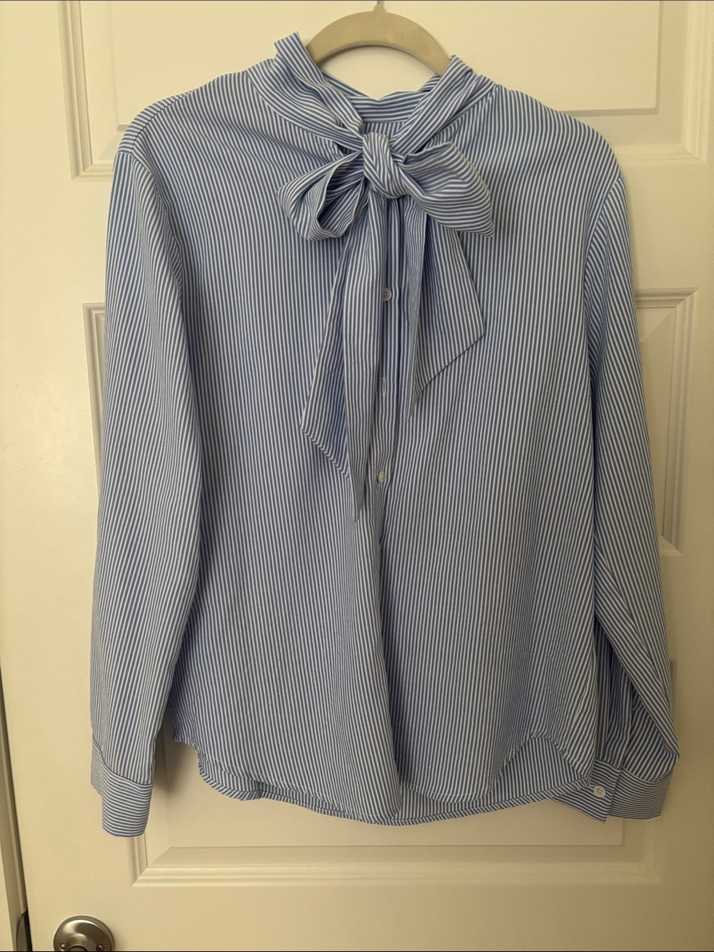 Women’s Light Blue Pinstripe Bow-Tie Button Down Shirt - Picture 2 of 6